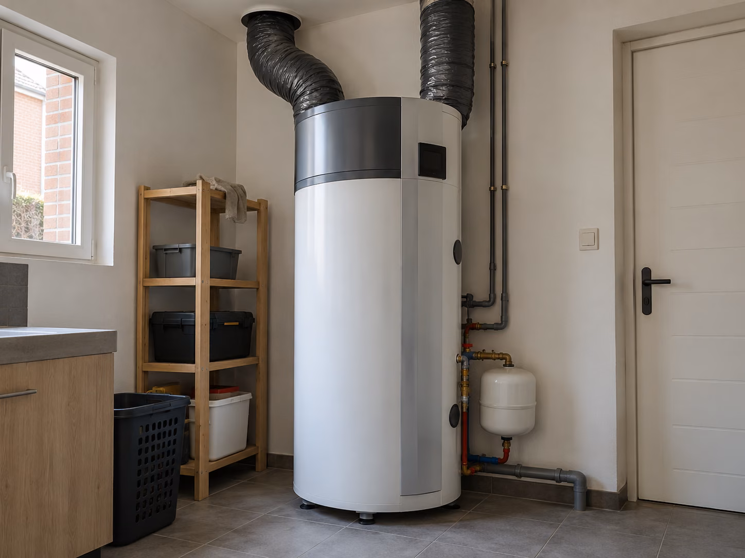 Ballon thermodynamique installé dans un cellier, gaines de reprise d’air apparentes au plafond