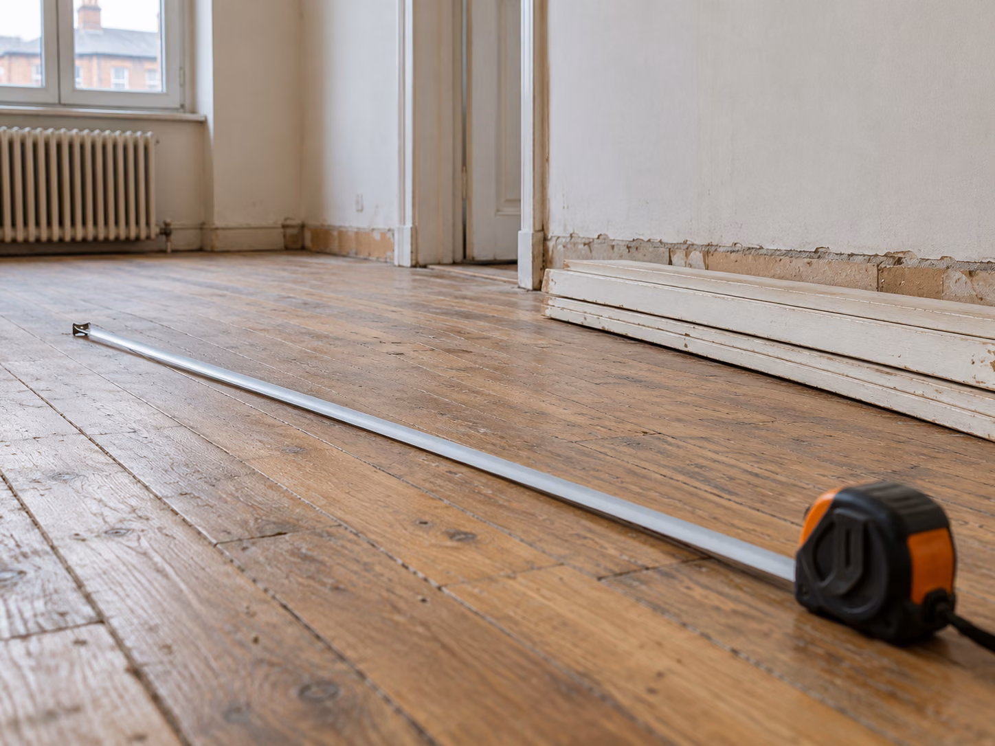 Pièce vide au plancher ancien, plinthes et matériaux posés au sol avant reprise complète